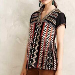 Ranna Gill by Antropologie Geometric Embroidered Top in Black and Multicolor